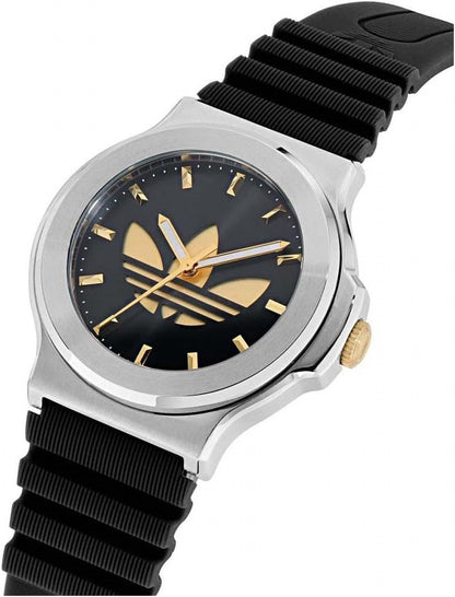 adidas Expression Three Unisex Armbanduhr, Quarz Analog, Edelstahl, 41 mm, Silikonarmband, Schwarz, 5 bar, Zifferblattfarbe: Schwarz, AOFH25503