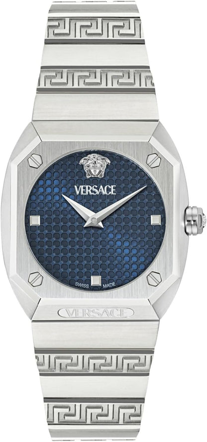 Versace Antares Damenuhr, Swiss Made Luxus-Designer-Uhr mit blauem, mattem Zifferblatt, 37 mm Edelstahlgehäuse, silbernes Armband, Faltschließe, 5 ATM