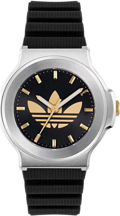 adidas Expression Three Unisex Armbanduhr, Quarz Analog, Edelstahl, 41 mm, Silikonarmband, Schwarz, 5 bar, Zifferblattfarbe: Schwarz, AOFH25503