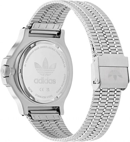 adidas Expression Three Unisex Armbanduhr, Quarz Analog, Edelstahl, 41 mm, Edelstahlarmband, Silber, 5 bar, Zifferblattfarbe: Blau, AOFH25505